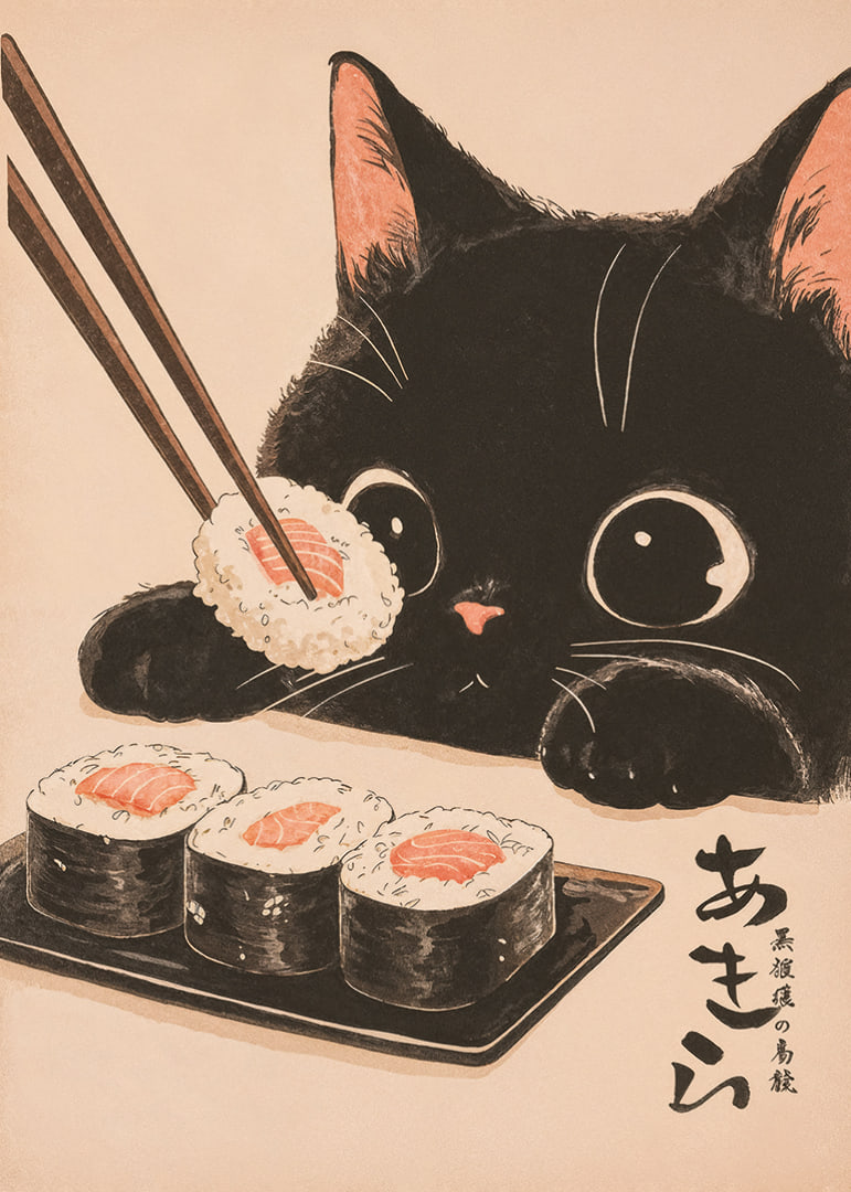 Nyfiken katt ser på sushi med stora, glada ögon-12