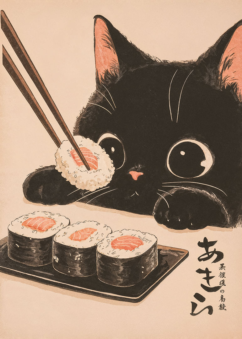 Nyfiken katt ser på sushi med stora, glada ögon-12