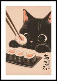 Nyfiken katt ser på sushi med stora, glada ögon-0