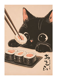 Nyfiken katt ser på sushi med stora, glada ögon-1