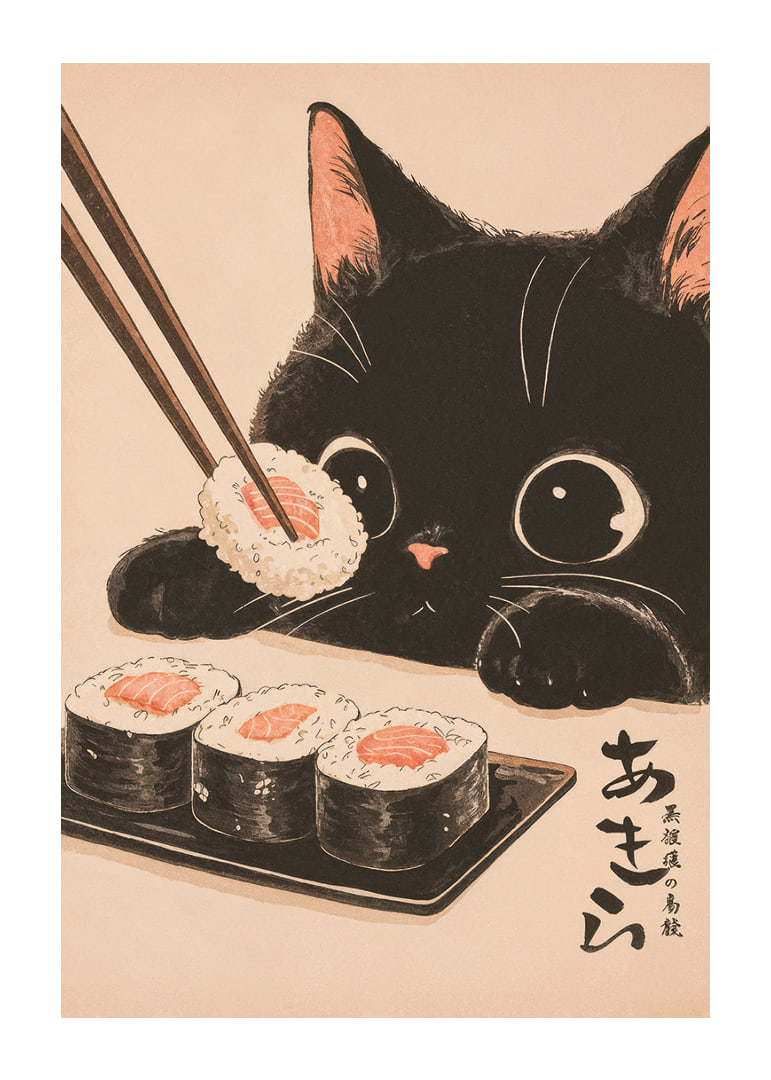 Nyfiken katt ser på sushi med stora, glada ögon-12