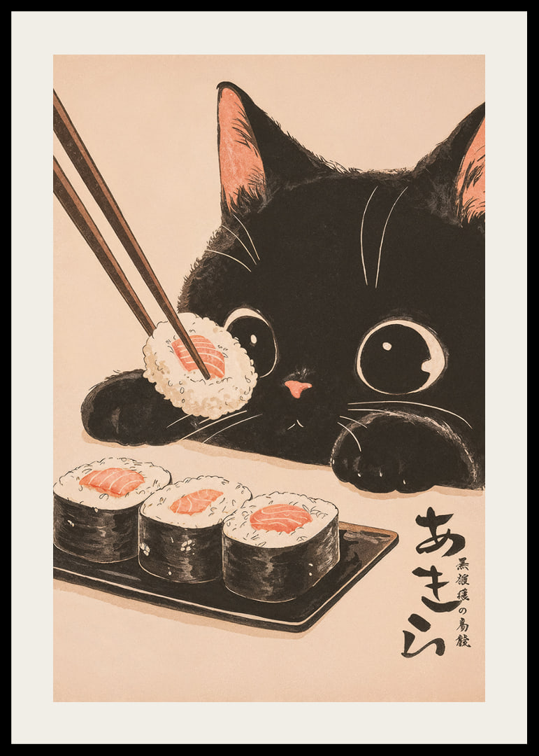 Nyfiken katt ser på sushi med stora, glada ögon-12