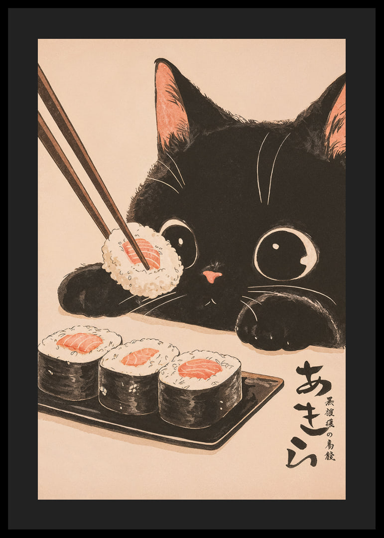 Nyfiken katt ser på sushi med stora, glada ögon-12