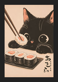 Nyfiken katt ser på sushi med stora, glada ögon-5