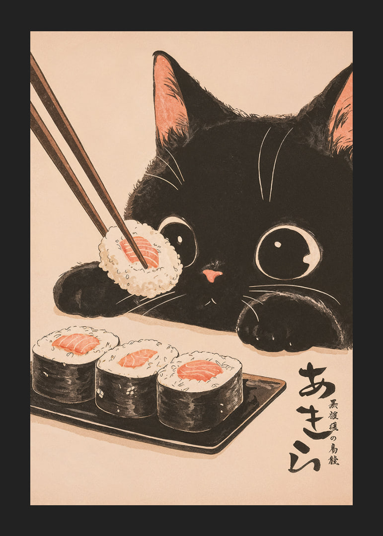 Nyfiken katt ser på sushi med stora, glada ögon-12