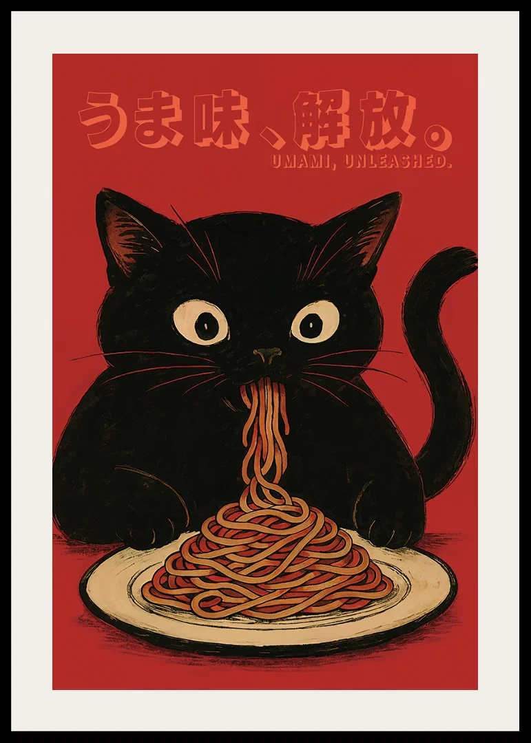 Svart katt njuter av nudlar i en lekfull och uttrycksfull poster-12
