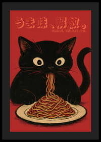Black cat enjoying noodles in a playful and expressive poster-4