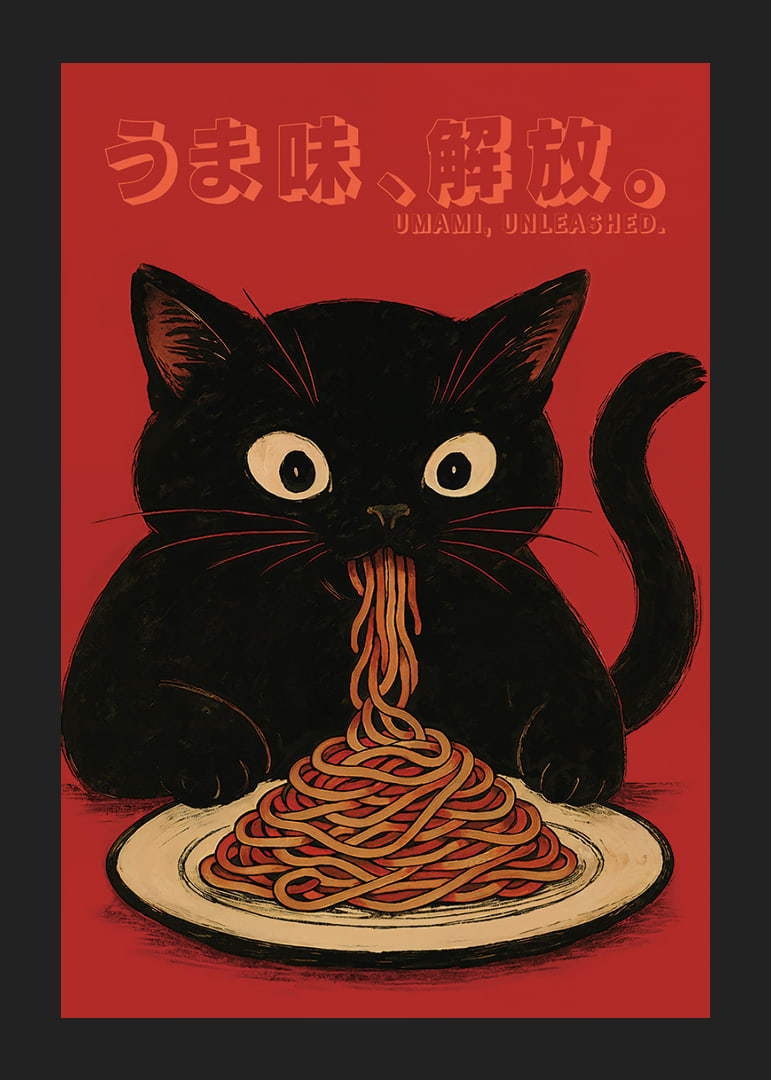 Black cat enjoying noodles in a playful and expressive poster-12