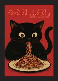 Svart katt njuter av nudlar i en lekfull och uttrycksfull poster-5