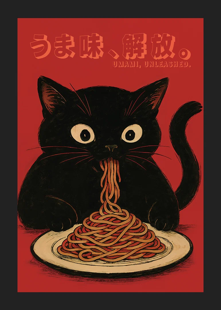 Svart katt njuter av nudlar i en lekfull och uttrycksfull poster-12