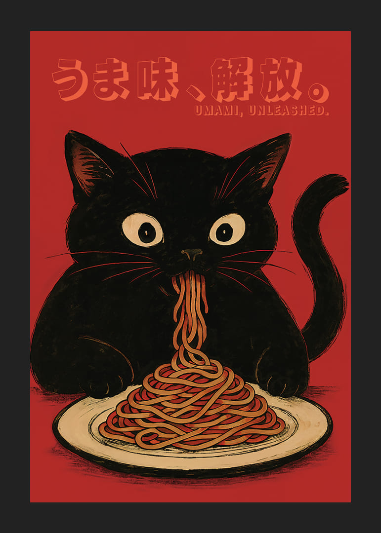 Black cat enjoying noodles in a playful and expressive poster-12