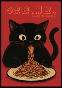 Black cat enjoying noodles in a playful and expressive poster-6