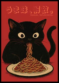 Svart katt njuter av nudlar i en lekfull och uttrycksfull poster-6