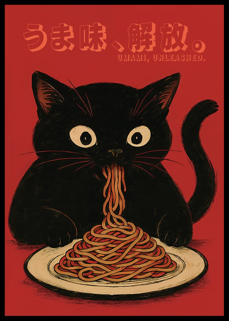 Svart katt njuter av nudlar i en lekfull och uttrycksfull poster-12