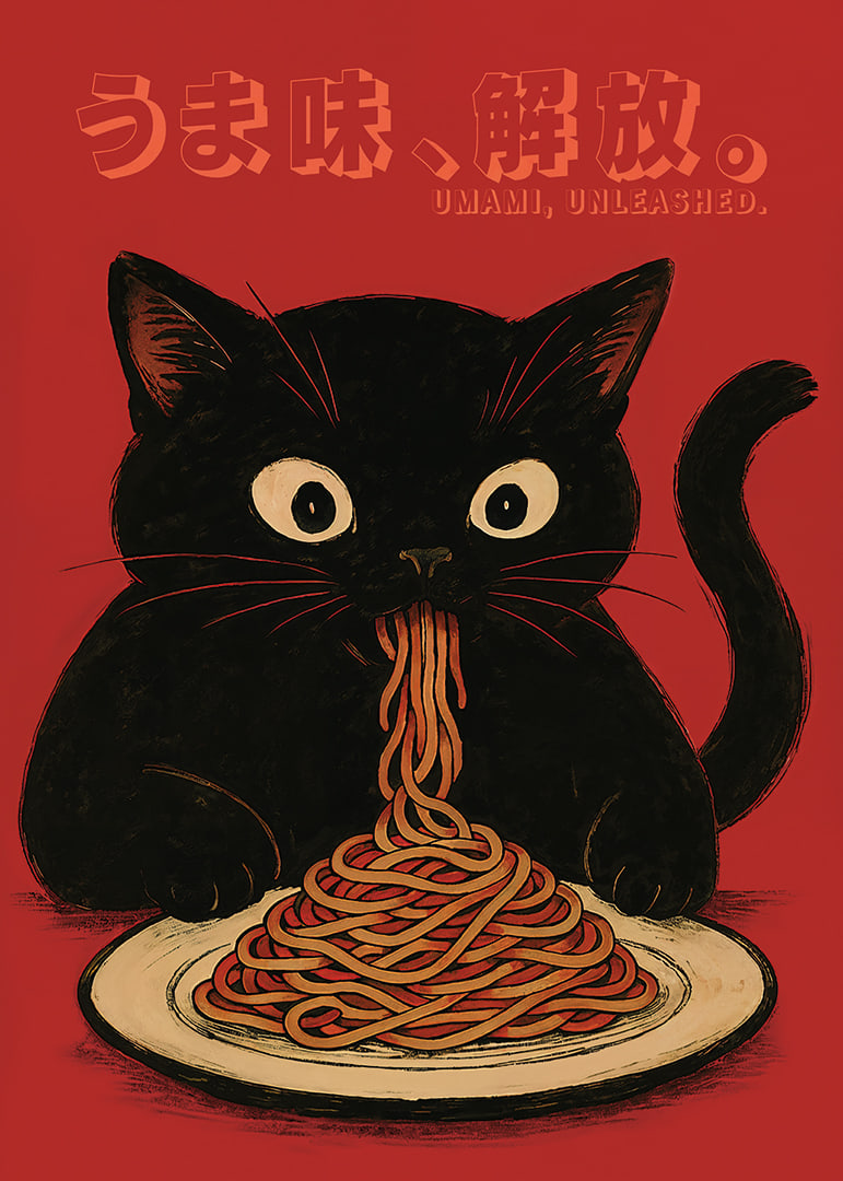 Black cat enjoying noodles in a playful and expressive poster-12