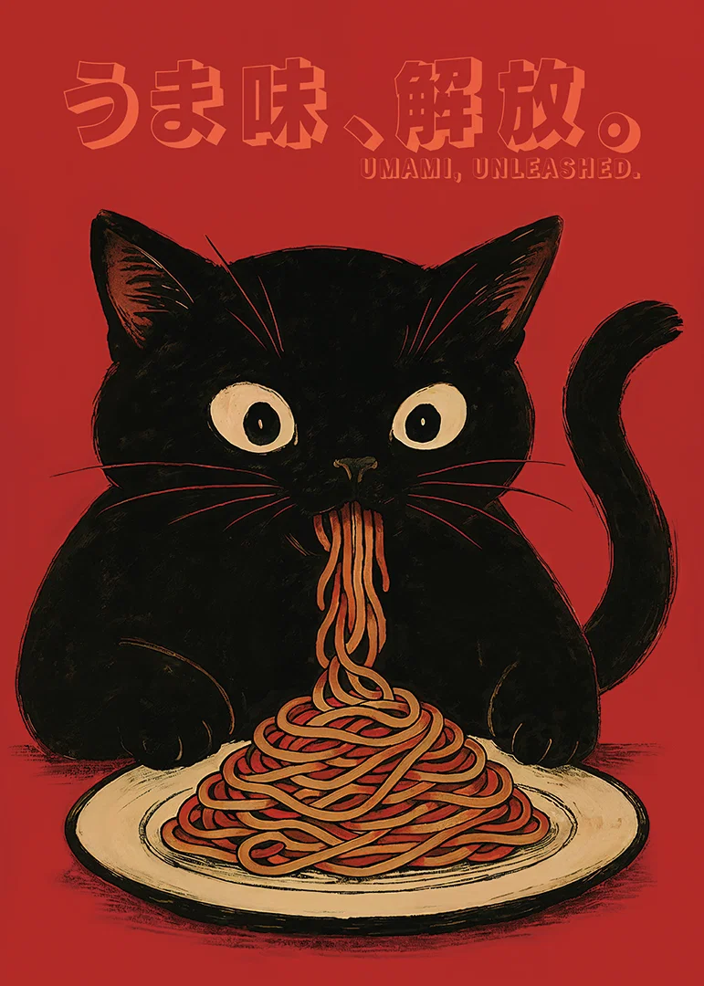 Svart katt njuter av nudlar i en lekfull och uttrycksfull poster-12