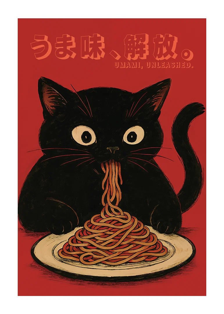 Svart katt njuter av nudlar i en lekfull och uttrycksfull poster-12