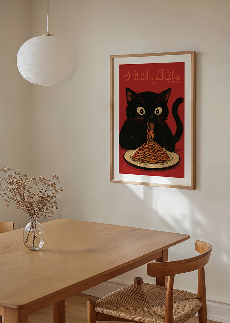 Black cat enjoying noodles in a playful and expressive poster-12