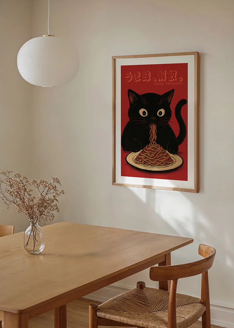 Svart katt njuter av nudlar i en lekfull och uttrycksfull poster-12