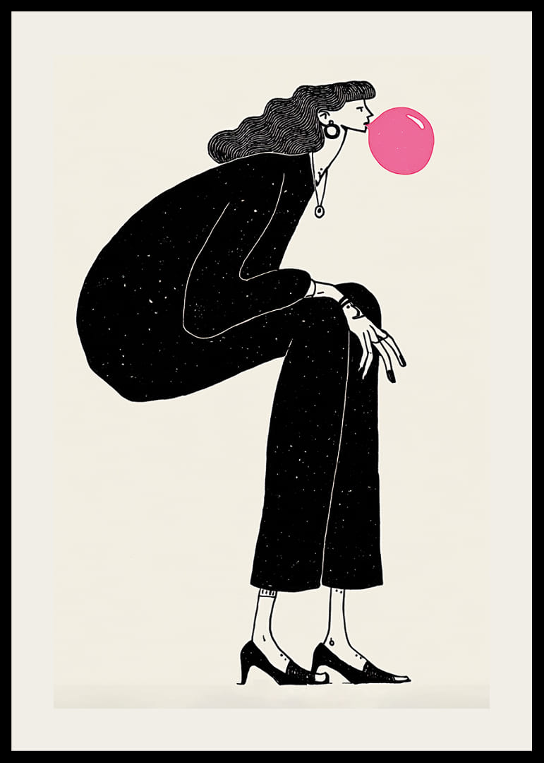 Stilren poster med en kvinna i tankfull pose och rosa bubbla-12