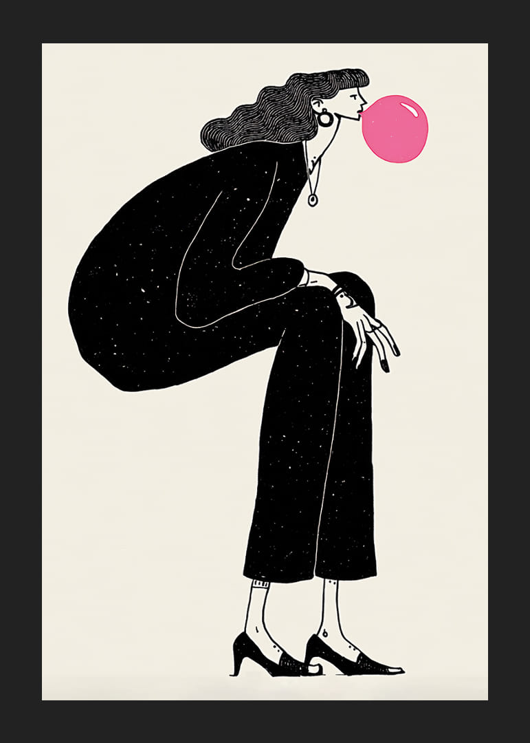 Stilren poster med en kvinna i tankfull pose och rosa bubbla-12