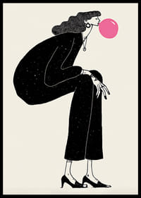 Stilfuld plakat med en kvinde i en tankefuld positur og en lyserød boble-2