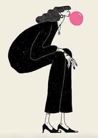 Stilfuld plakat med en kvinde i en tankefuld positur og en lyserød boble-3