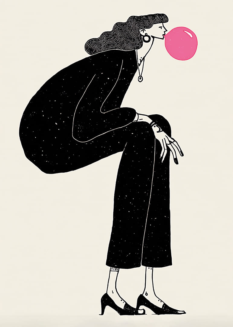 Stilfuld plakat med en kvinde i en tankefuld positur og en lyserød boble-12