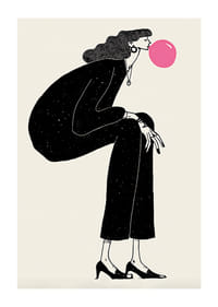 Stilfuld plakat med en kvinde i en tankefuld positur og en lyserød boble-1