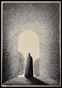 A mysterious figure stands in a gate of light and shadows-0