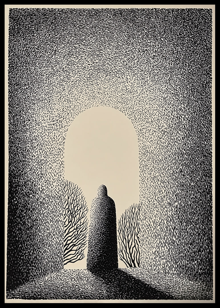 A mysterious figure stands in a gate of light and shadows-12