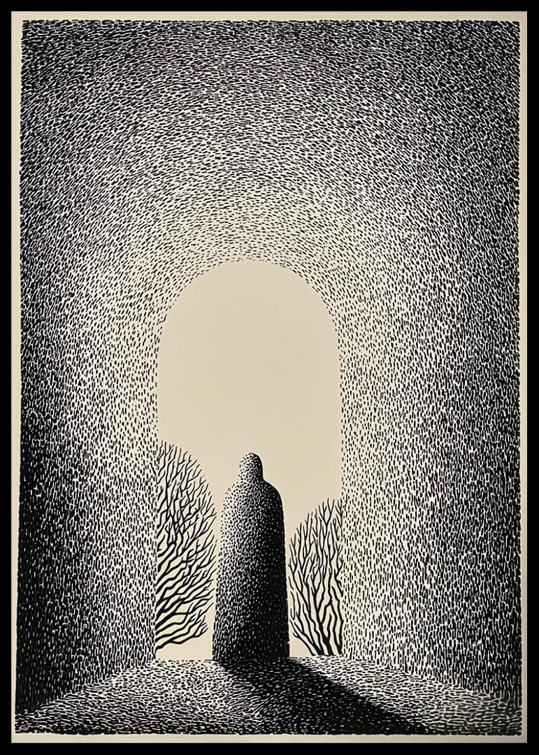 Een mysterieuze figuur staat in een poort van licht en schaduw-12