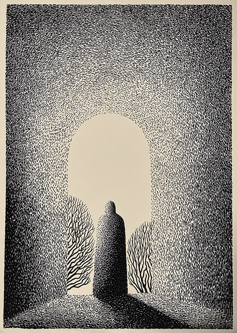A mysterious figure stands in a gate of light and shadows-12