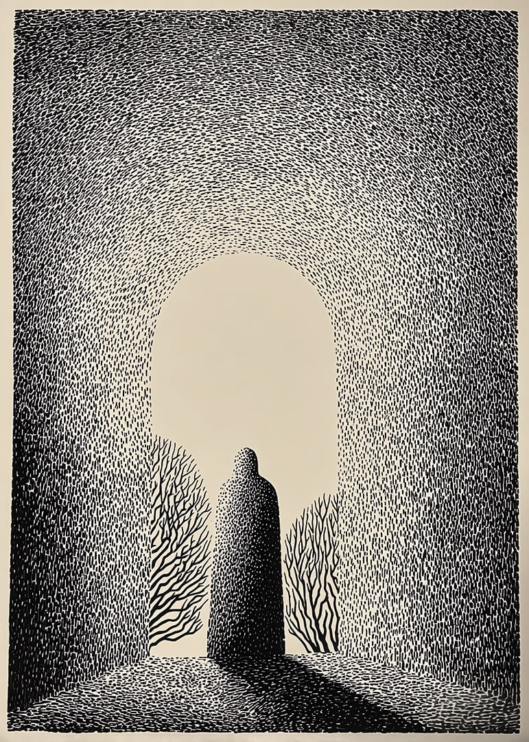 Een mysterieuze figuur staat in een poort van licht en schaduw-12