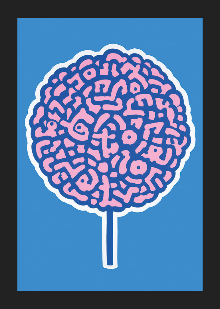 Playful poster with brain swirls against a blue background-12