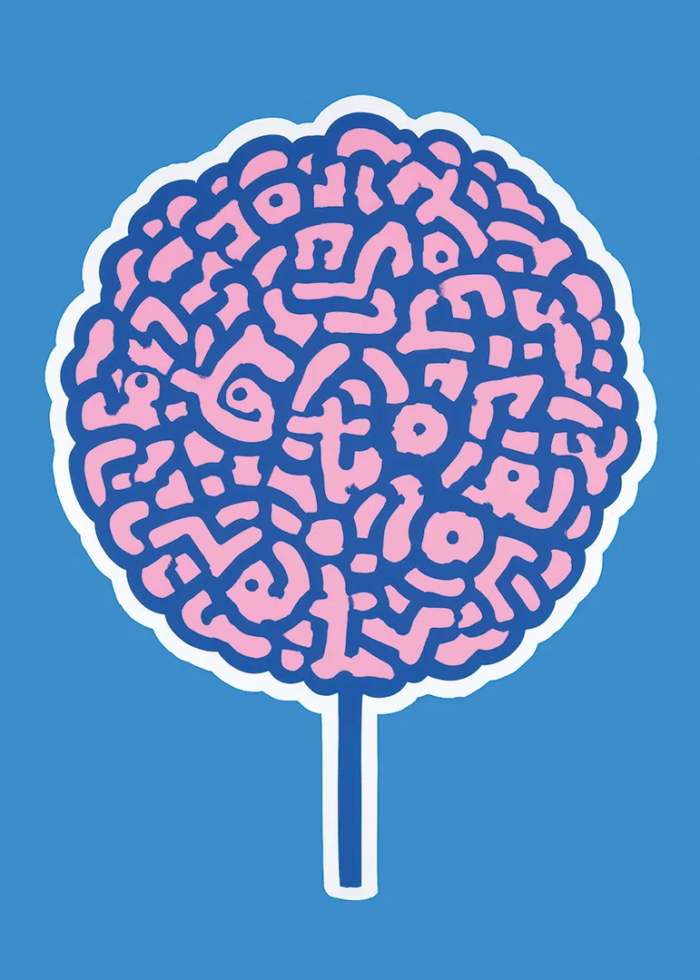 Playful poster with brain swirls against a blue background-12