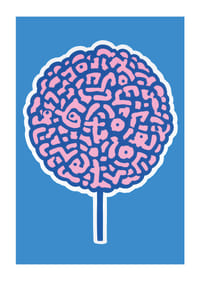 Póster lúdico con espirales cerebrales sobre fondo azul-1