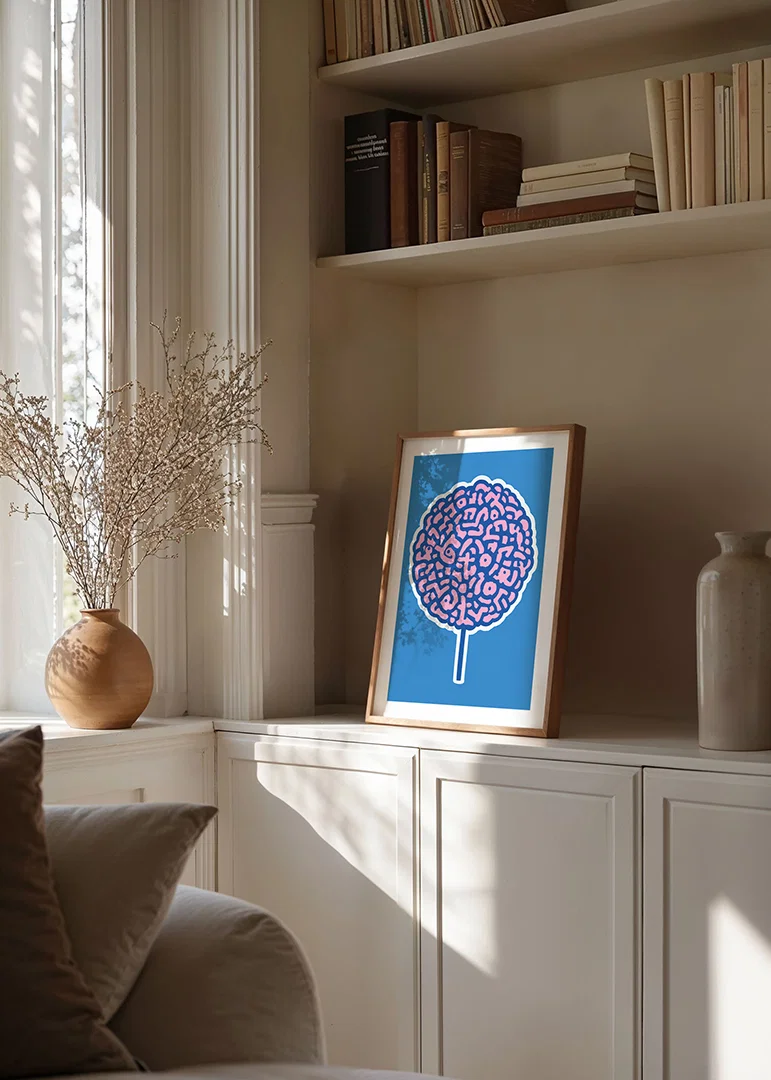 Playful poster with brain swirls against a blue background-12