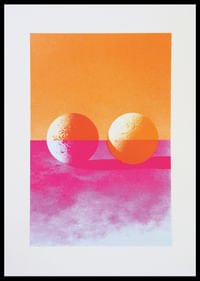 Two spheres float in neon colors against an ethereal sky-0