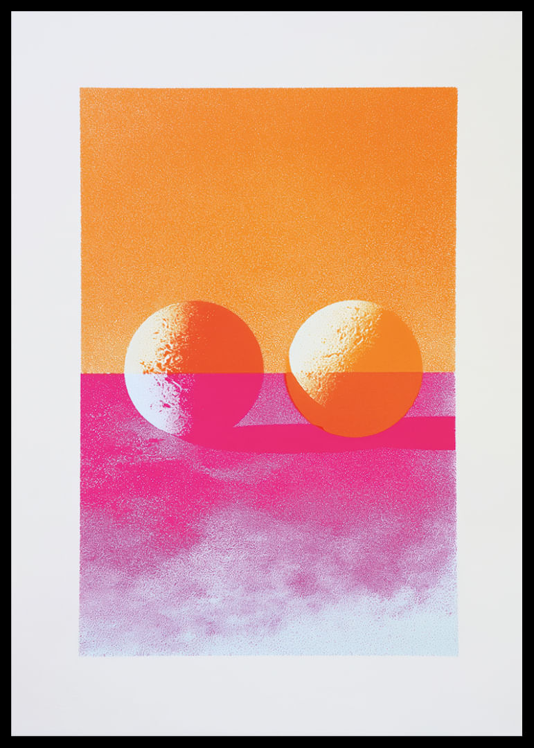 Two spheres float in neon colors against an ethereal sky-12