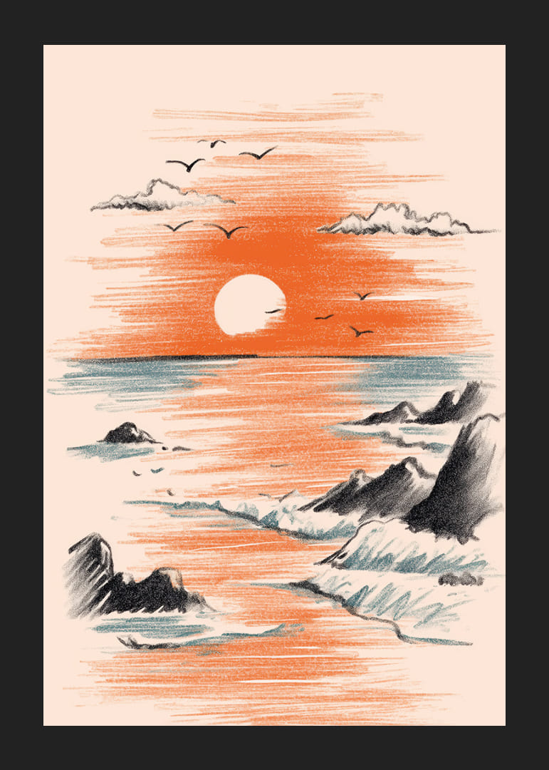 En solnedgångsaffisch där havet möter himlens varma färger-12