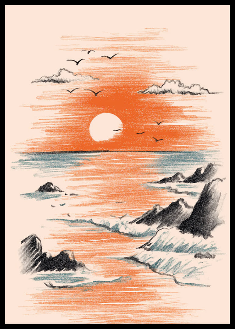 Un póster de una puesta de sol donde el mar se encuentra con los cálidos colores del cielo-12