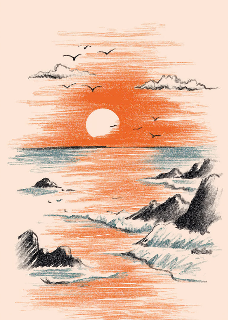 Un póster de una puesta de sol donde el mar se encuentra con los cálidos colores del cielo-12