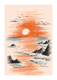 Un póster de una puesta de sol donde el mar se encuentra con los cálidos colores del cielo-1