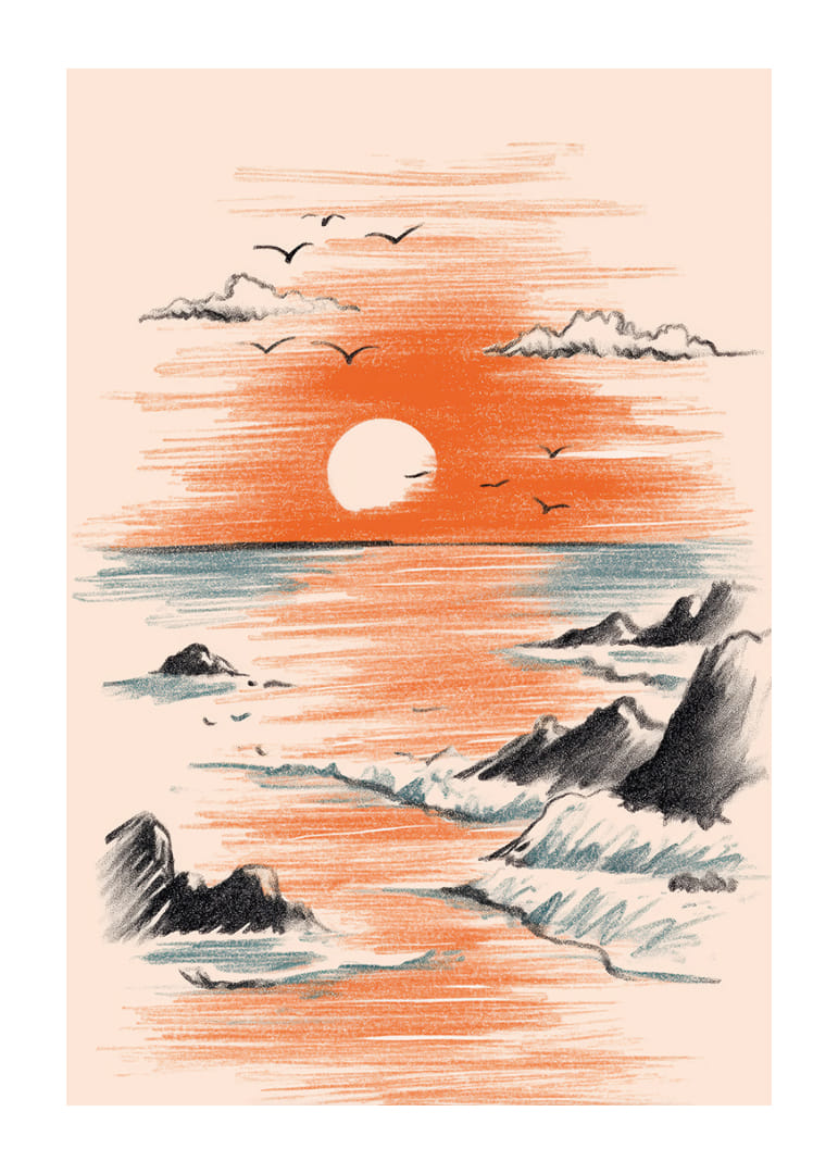 Un póster de una puesta de sol donde el mar se encuentra con los cálidos colores del cielo-12