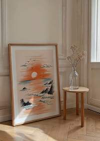 Un póster de una puesta de sol donde el mar se encuentra con los cálidos colores del cielo-4