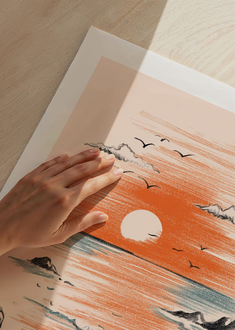 Un póster de una puesta de sol donde el mar se encuentra con los cálidos colores del cielo-12