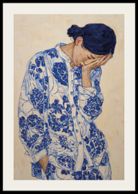 Une femme vêtue de bleu à motifs, plongée dans ses pensées.-2