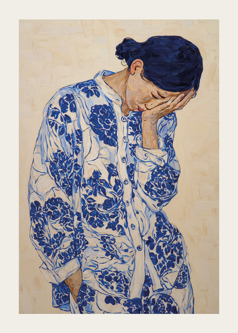 Une femme vêtue de bleu à motifs, plongée dans ses pensées.-12