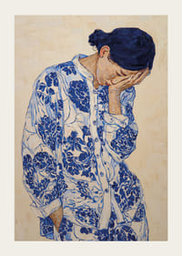 A woman in blue pattern lost in deep thought-3